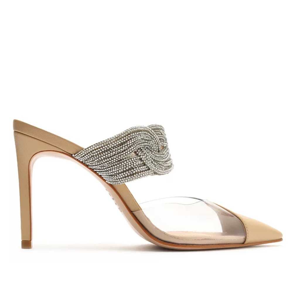 Sandália Schutz Mule Salto Baixo Transparente Brilhos Dourada Vinil