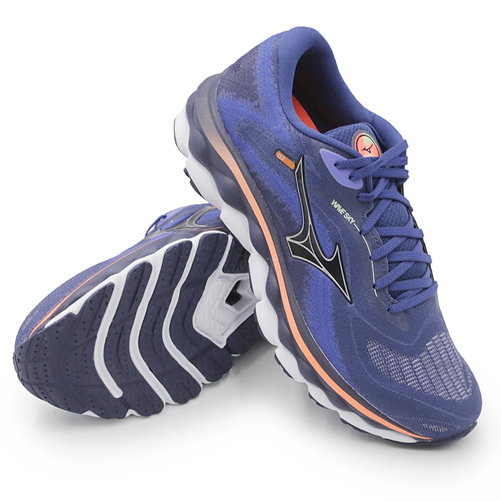 あおい Tenis Mizuno Wave Sky 7 Azul/Laranja - 265976 - Anita Shoes